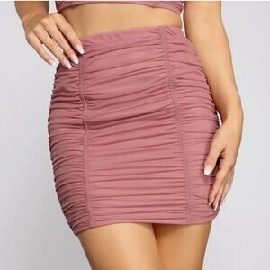 Windsor M Mauve Pink Ruched Mesh High Rise Pull On Mini Skirt